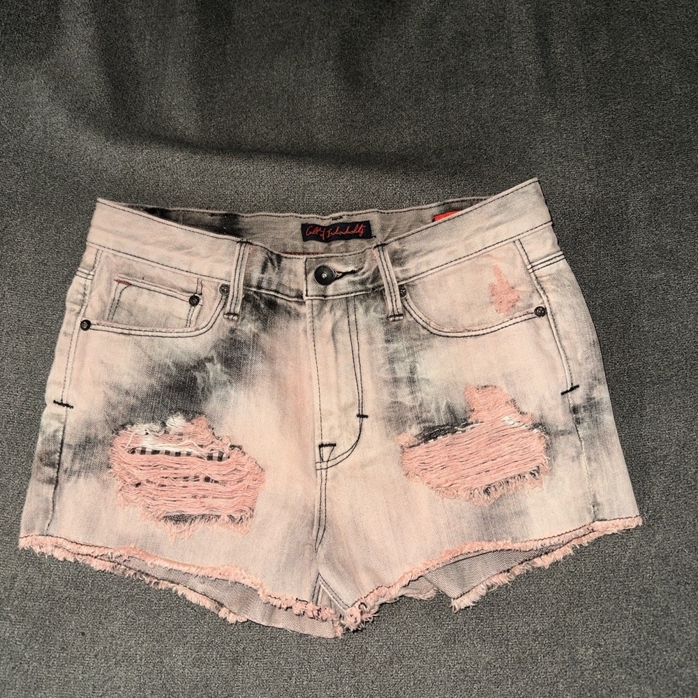 Cult of Individuality Pink and Gray Distressed Jean Shorts